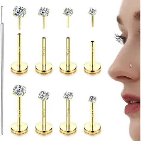 14K Gold Plated Threadless Nose Studs CZ Nose Rings for Women Men 316L Steel Labret Studs Lip Rings Push in Flat Back Stud Earrings CZ Nose Nostril Tragus Helix Cartilage Piercing Body Piercing Jewelry Body Jewellery Hypoallergenic 20G 18G 16G