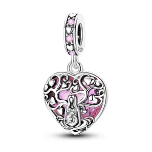 MULA 925 Silver-plated Tree of Life Charm for Pandora Bracelet – Pregnant Mother Earth Hollow Filigree Dangle Bead with Pink Resin, New Mom Baby Shower Push Present Jewelry Gifts for Women