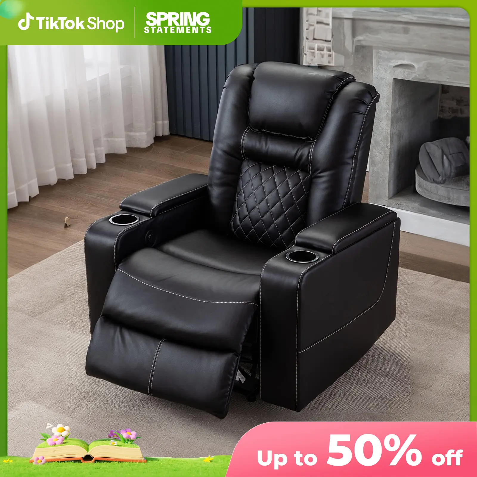 Ebello 37" Wide Overstuffed Power Wall Hugger Footrest Reclining Chair - Fabric Single Sofa with USB Ports, 2 Cup Holders, Hidden Storage, 36"W×37"D×41"H Black Indoor Lounge Chair for Living Room Decor, Sofas Living Room
