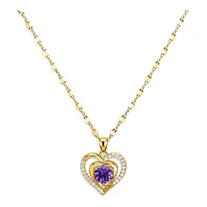 Women's Purple Heart Pendant Necklace - Stainless Steel Gold-Tone Chain, Sparkling Cubic Zirconia Charm, Dainty Non-Natural Crystal Jewelry Gift for Necklace Lovers, Necklaces, Crystal Necklace