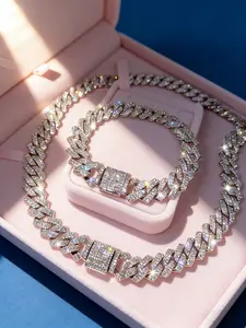 Silver Color 14mm Prong Miami Cuban Link Chain Necklace For Women Iced Out 2 Row Rhinestones Square Cuban Link Choker Fashion Jewelry