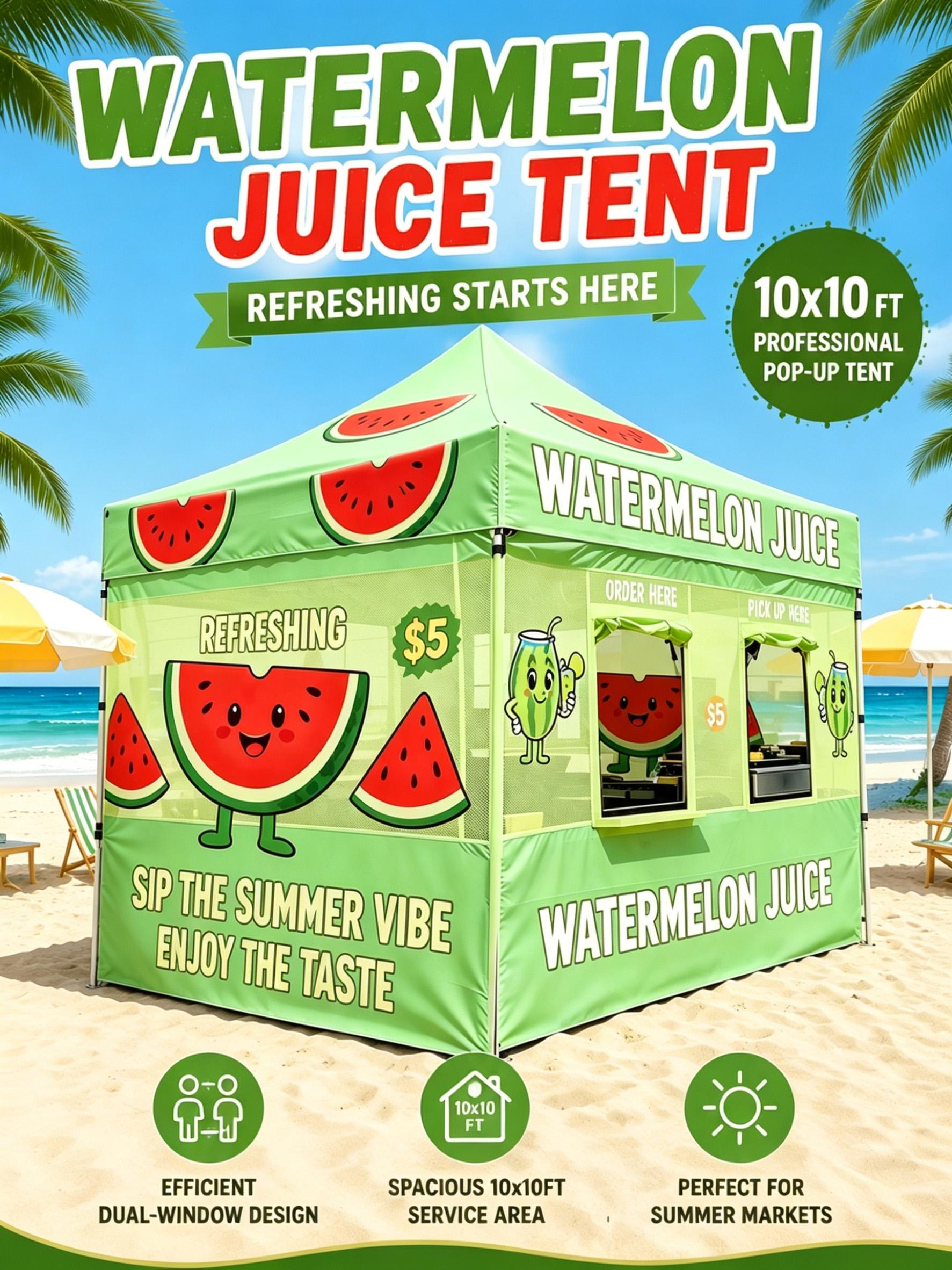 3x3m Watermelon Juice Vendor Booth Tent, 600D Oxford Adjustable Height Frame Commercial Canopy with Dual-Window Service Layout for Summer Markets Outdoor Accessory