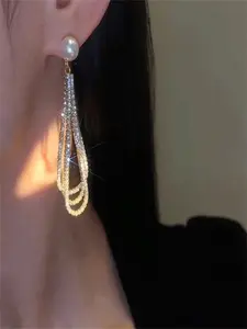 Pearl Rhinestone Long Fringe Earrings, Elegant Dangle Studs, Face Slimming Design, Perfect for Daily Wear, Parties, Gifts