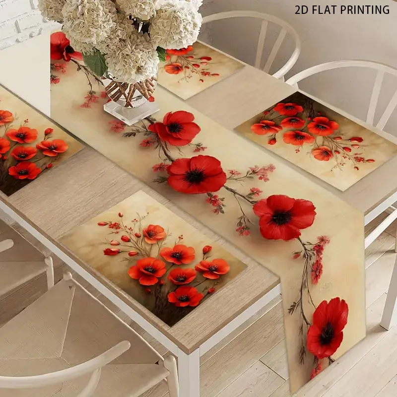 2D flat printing, 1/4/6 pieces set, red floral pattern table flag set, Home Kitchen Household Placemat, Table placemats, holiday season table decoration, suitable for family gatherings, indoor and outdoor and daily dining arrangements