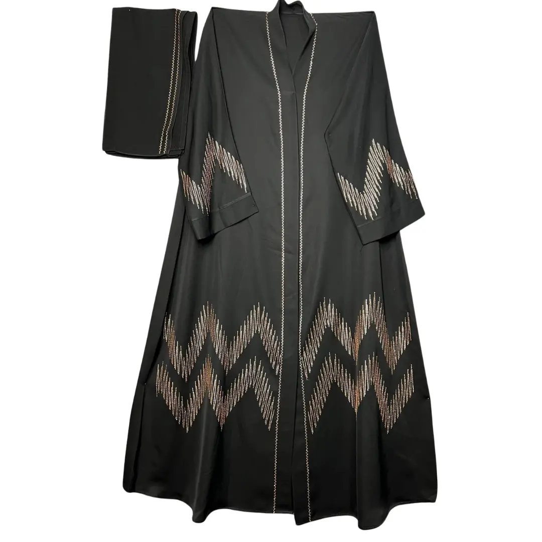 Luxe Open Front Abaya style with Heavy ZigZag DMC Stone Work | Silky Nida Fabric