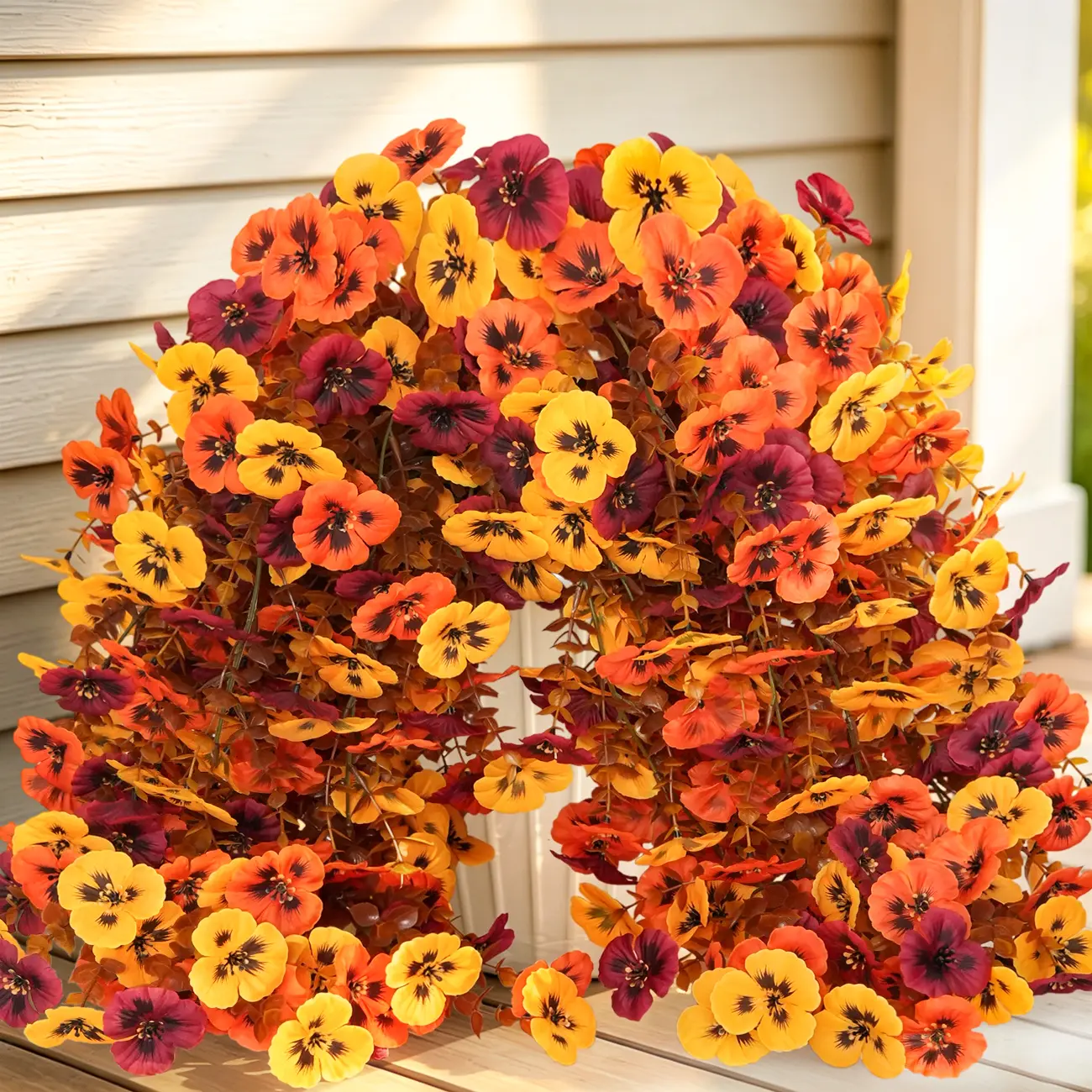 8Pcs Fall Artificial Pansy Vines, 29.5in Hanging Silk Floral Garlands with Orange Red Yellow Blooms, Decorative Fruit Accents for Porch Garden Home Autumn Harvest Decor (New)