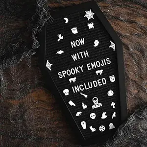 Letter Board Black +3D Bat Stickers +650 Characters, Spooky & Seasonal Emojis, Wooden Stand - 17x10.5 Inches - Coffin Shaped Goth Decor Sign Witchy Halloween Decorations Gothic Decor Birthday Wedding Home Spooky Gifts
