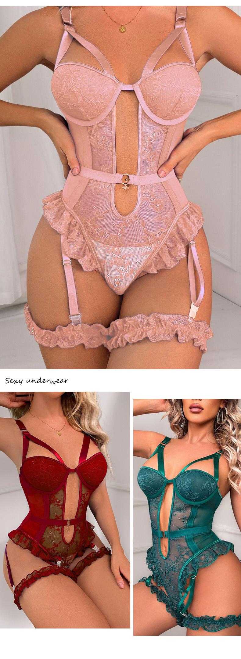 Women's French Retro Sheer Lace Lingerie Set - 3-D Cut Patchwork Jumpsuit, Bustier, Garterbelt, Flirty Teddy Bodysuit, Lady Clothes, Sleepwear, Soft on Skin Fabric, Elegant Fit, Floral Fashion, Hand Wash, Comfy Wear, Halloween Gift