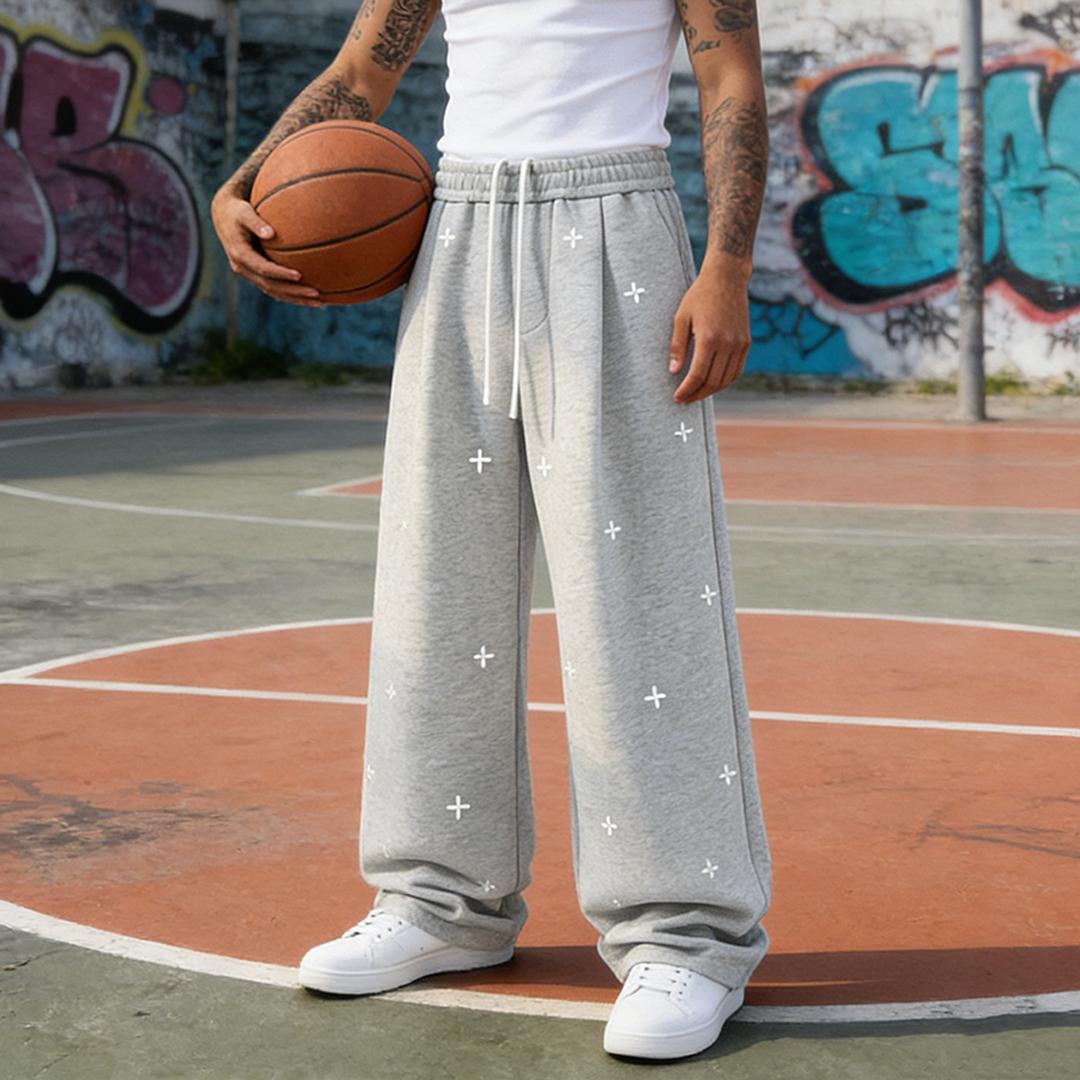 2-Pack Men’s Casual Sports Basketball Pants – Street Style, Cross Pattern, Loose Straight Wide-Leg Long Pants