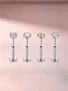 4pcs 16G 83.48gal Surgical Steel Labret Studs for Women Men Push-in (threadless) Lip Rings Heart Square Round CZ Cartilage Helix Tragus Piercing Jewelry 6-10mm