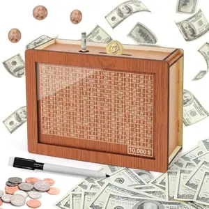 $10,000 Savings Challenge Box  Large Wooden Piggy Bank for Kids & Adults Reusable Money Saving Game Educational Gift Ages 3-12 Organiser