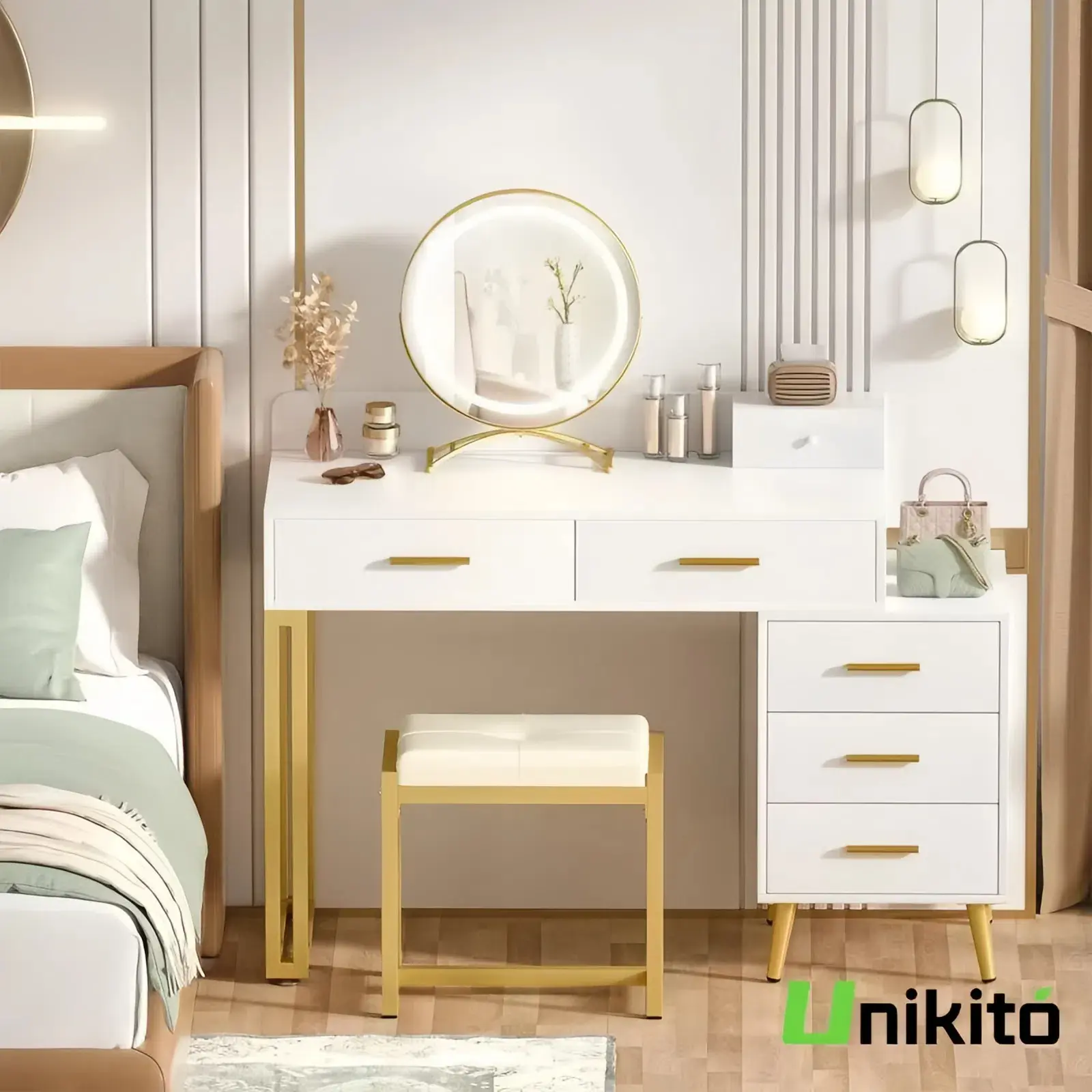 Unikito Vanity  Desk Set with Stool and LED Mirror, Chic Mid-Century Design, Includes Ample Storage Drawers and Adjustable Organizers power outlet vanity  desk