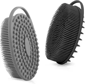 Silicone Body Scrubber, Silicone Loofah, Quick-Dry Exfoliating Body Brush for Wet or Dry Brushing, More Hygienic Than Traditional Loofah, Long-Bristle Brush, Black and Grey