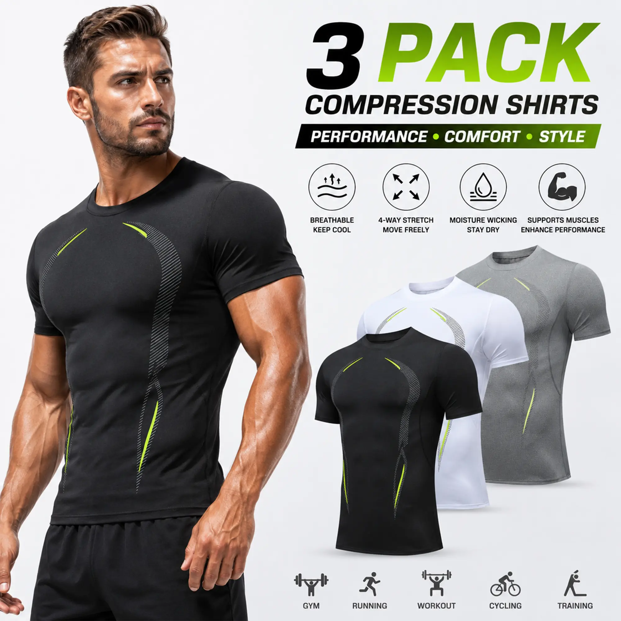 3-Pack Men's Short Sleeve Compression Shirts Athletic Workout Tee
