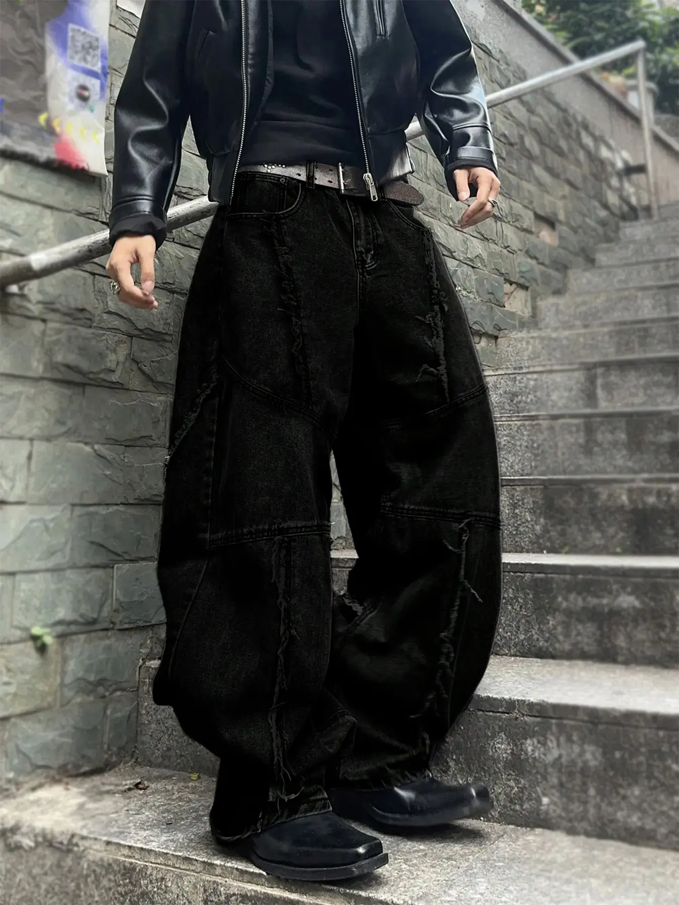 Men's Solid Color Fringed Wide-Leg Denim Loose Vintage Jeans Pants - Menswear Natural Loose Classic Casual Streetwear Style, Versatile & Trendy, Must-Have for Daily Outdoor Wear, All-Season Men's Bottoms Trouser