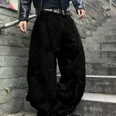 Men's Solid Color Ripped Jeans, Relaxed Fit Jeans, Loose Casual Comfy Denim for Daily Wear, Wide Leg Jeans for Men