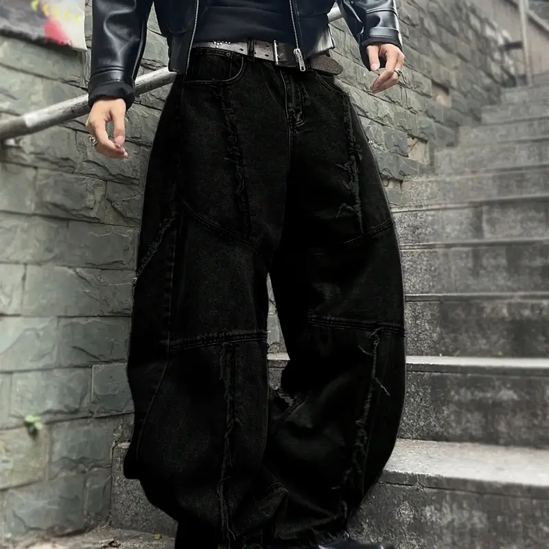 Men's Solid Color Ripped Jeans, Relaxed Fit Jeans, Loose Casual Comfy Denim for Daily Wear, Wide Leg Jeans for Men