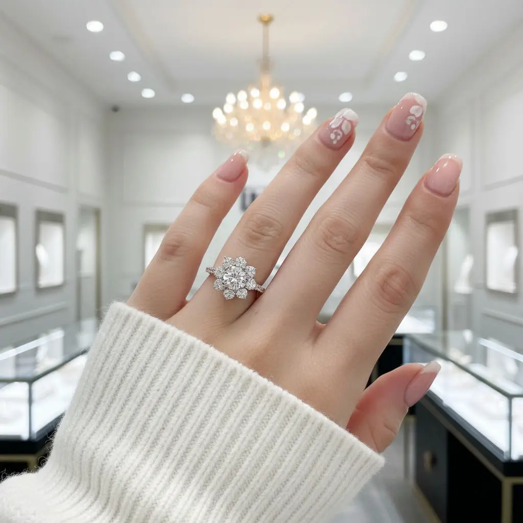 Exquisite Sun Flower Design Halo Round Cut Engagement Ring