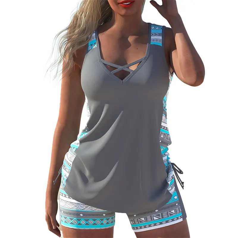 Women's 2-Piece Strappy Crisscross Tankini Set - Gray Turquoise Tribal Print, Elastane Tummy Control Plus Size Bathing Suit, Side Ties Women's Swimsuits for Vacation