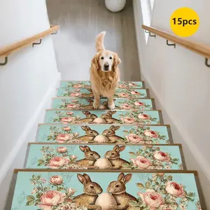 15pcs Rabbit Rose Stair Treads Non-Slip Durable Home Use, Stair Step Pads Carpet Protector, Anti-Skid Wear-Resistant Stair Mats