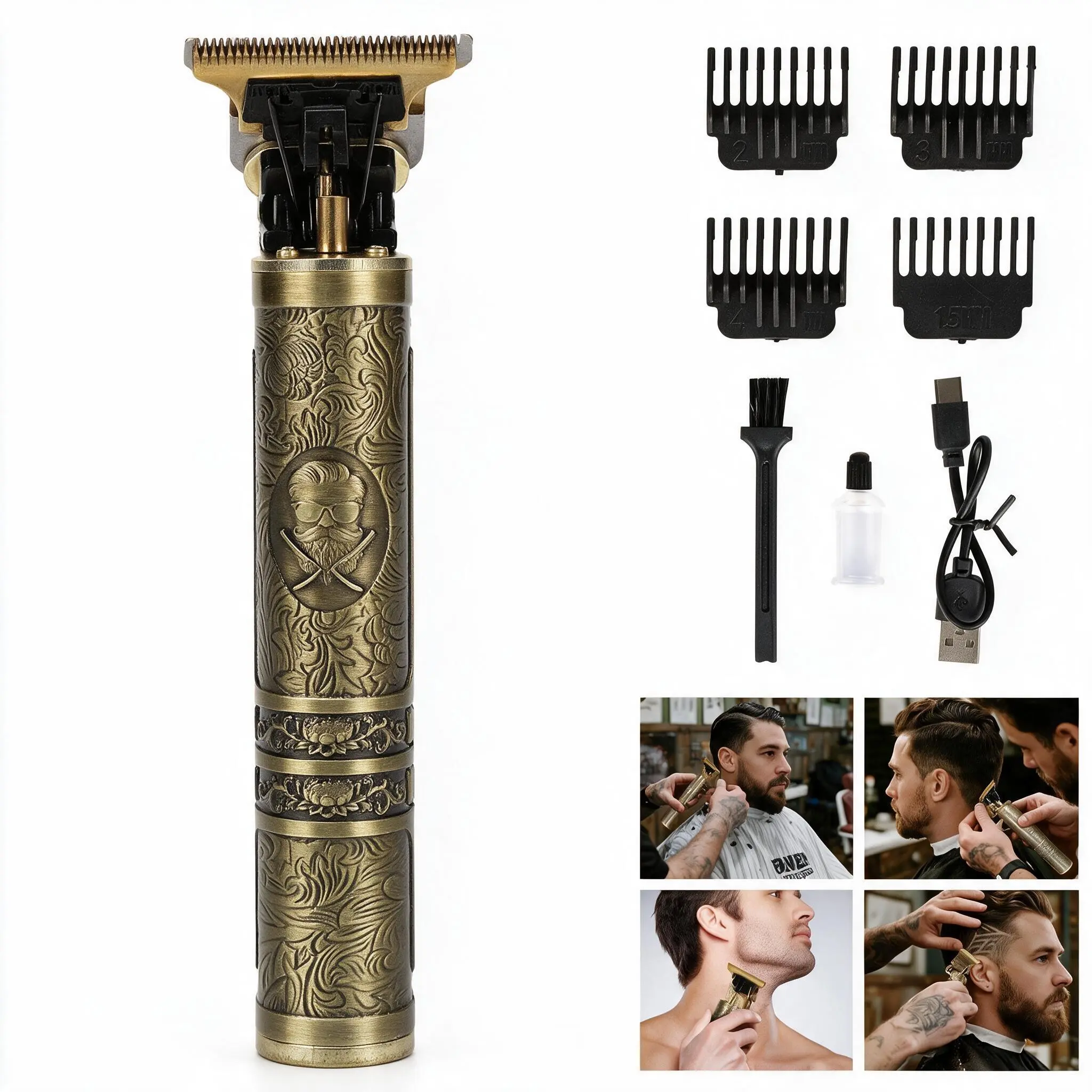Vintage Engraved Blade Gold Trimmer - Cordless Clipper, Rechargeable Hair Clippers, Wireless Barber Equipment for Men's Grooming