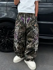 Men's Y2K Camo Pants, Full Print Branches Colorful Pattern, Gothic High Street Loose Fit, Street Hip Hop Style, All Seasons Wear, Camouflage Pants