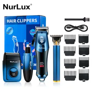 NurLux Professional 4-in-1 Men's Grooming Kit: Aurora Blue Cordless Hair Clippers, T-Blade Trimmer, Foil Shaver & Nose Trimmer - Type-C Fast Charging All-in-One Barber Set for Men USB Rechargeable Kit