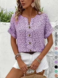 Elegant Plus Size Women's Ditsy Floral Print Short Sleeve Button Top, Comfortable Casual Fitted T-Shirt, Perfect for Spring Summer Fall, Casual Blouses