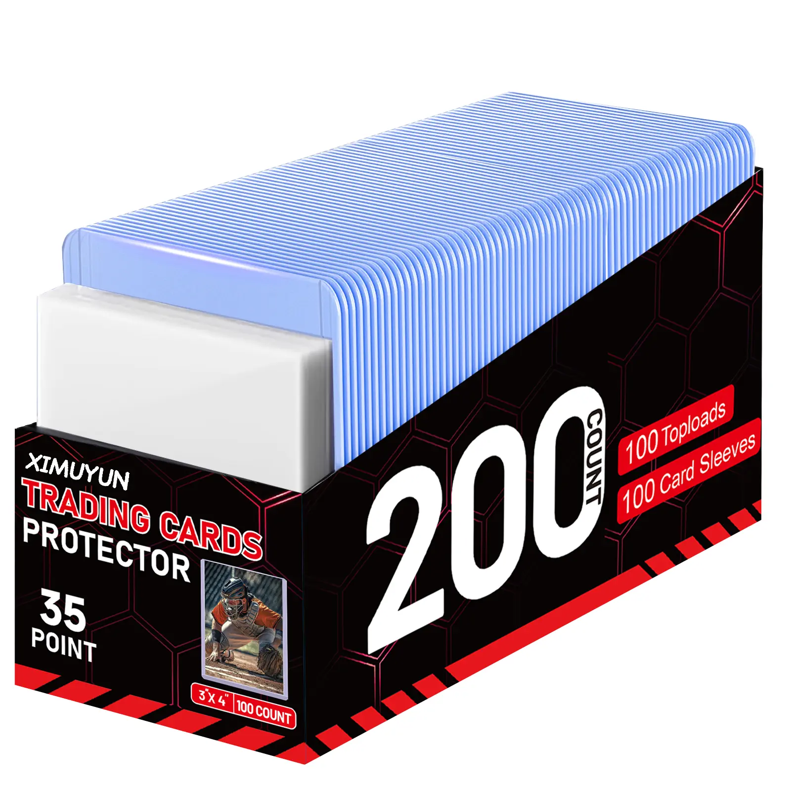 XimuYun 100ct Top loaders 35pt 3 "X 4", baseball card protective case hard plastic, used with trading card sports card holder, suitable for collection, football, basketball, and TGG(100 Toploads + 100 Sleeves)