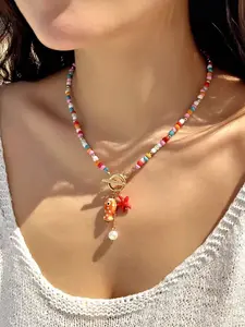 Boho Colorful Beaded Necklace, Cute Fish Starfish Pendant Choker, Summer Beach Ocean Jewelry for Women, Trendy Charm Necklaces