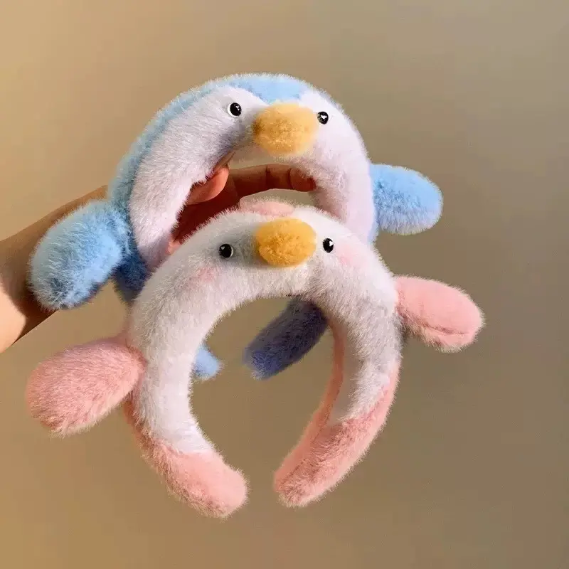 Cartoon Pink Penguin Plush Hair Band, Fashion Fluffy Cosmetic Head Hoop for Ladies, Elastic Comfortable Face Washing Hair Holder, Adorable Aesthetic Design, Ideal for Bathroom Skincare, Makeup Application, Spa Use and Casual Home Daily Wear
