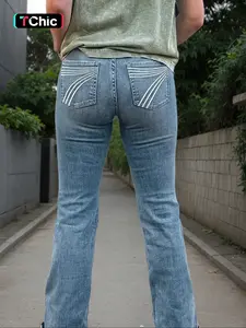 Women's Fashion New Denim Jean Flare Pants Trouser High Elasticity Washed Embroidery Elegant Long Pants, Fitted Style, All Seasons, Womenswear