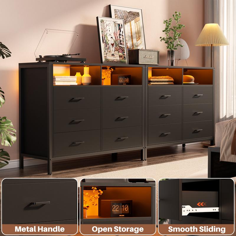 Homieasy Black Dresser for Bedroom, 6 Drawer Dresser with LED Lights and Outlet, Dresser TV Stand for Living Room, Hallway, Entryway dresser for baby wood dresser