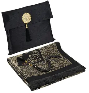 Islamic Gift Set - Prayer Mat & Tesbih in Taffeta Gift Bag - Black