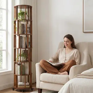 6-Tier 360° Rotating Solid Wood Bookshelf Tower with Lockable Wheels, Modular Assembly Round Spinning Book Organizer, Space-Saving Corner Storage Shelf for Home Office Bedroom, Walnut/Natural Wood