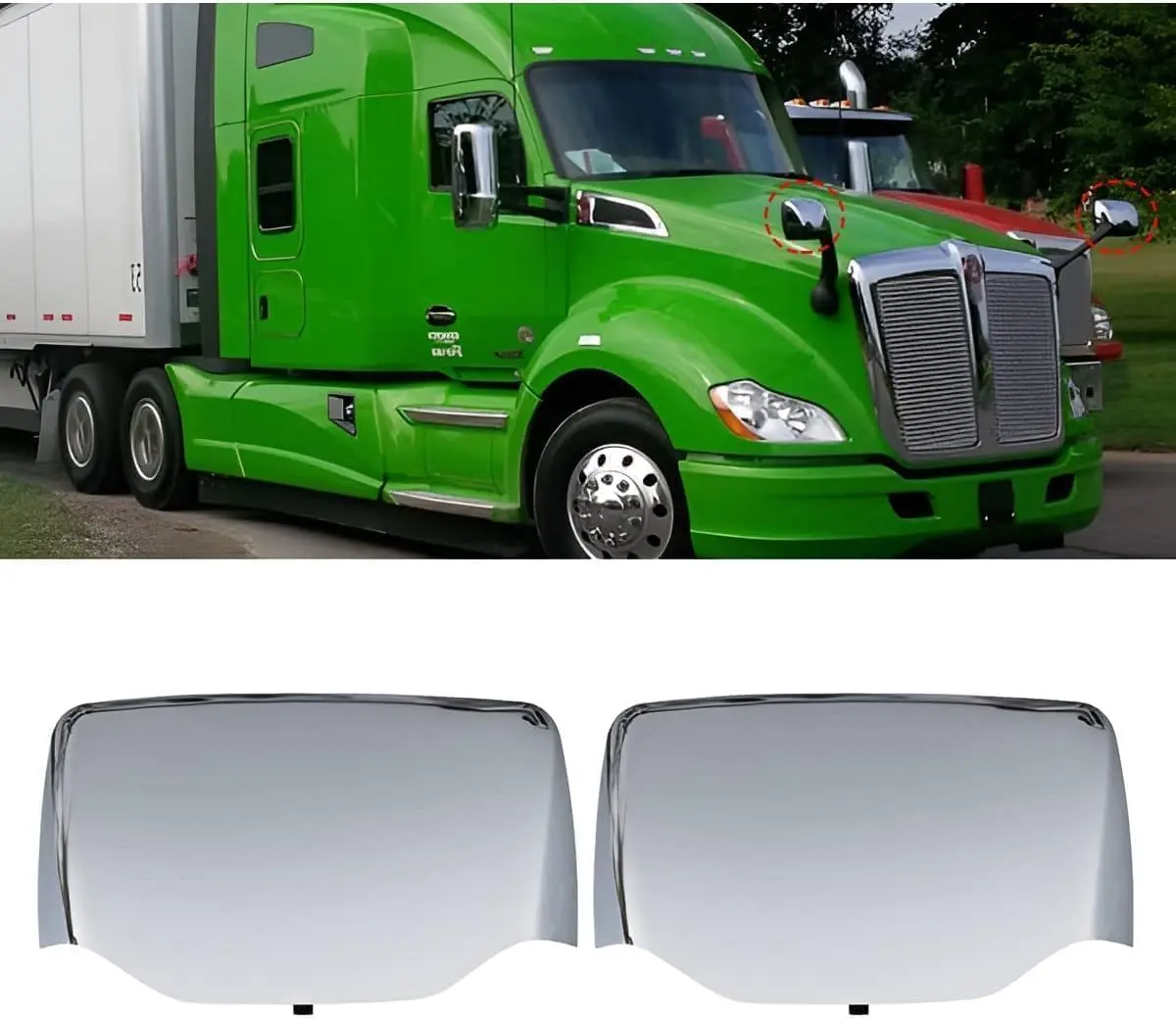 Chrome Hood Mirror Covers Cap Housing Replacement for 2013-2021 Kenworth T680 & 2010-2021 Peterbilt 579 587 Semi Truck, Passenger & Driver Side Pair