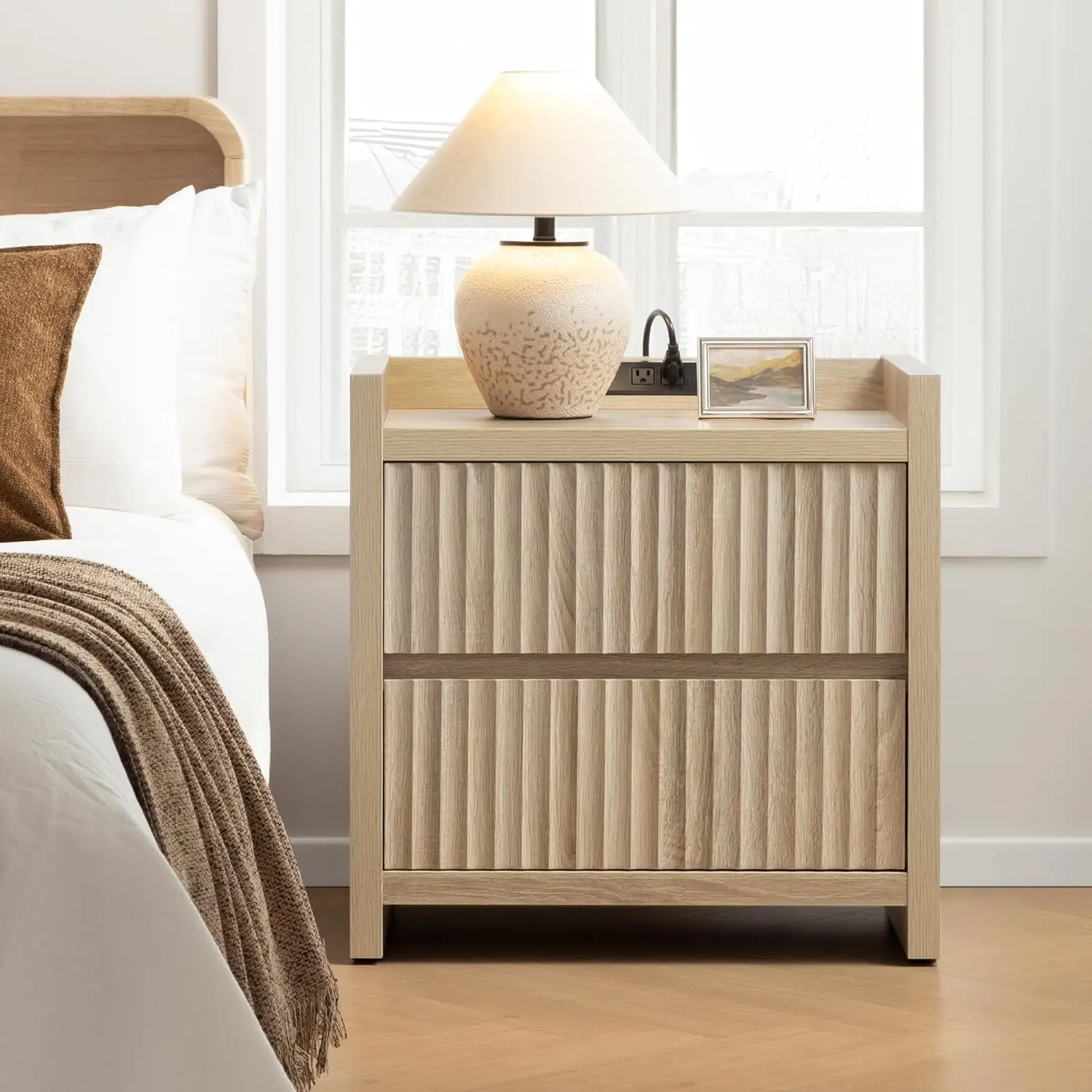 [Limited time deal]BM-CZW  Night Stand Fluted Nightstands with Charging Station- Modern 2 Drawers Nightstand 25" Tall Bedside Table End Table, Large Night Stands for Bedroom, Living Room Sofa Side (Light Oak, 1 Piece)