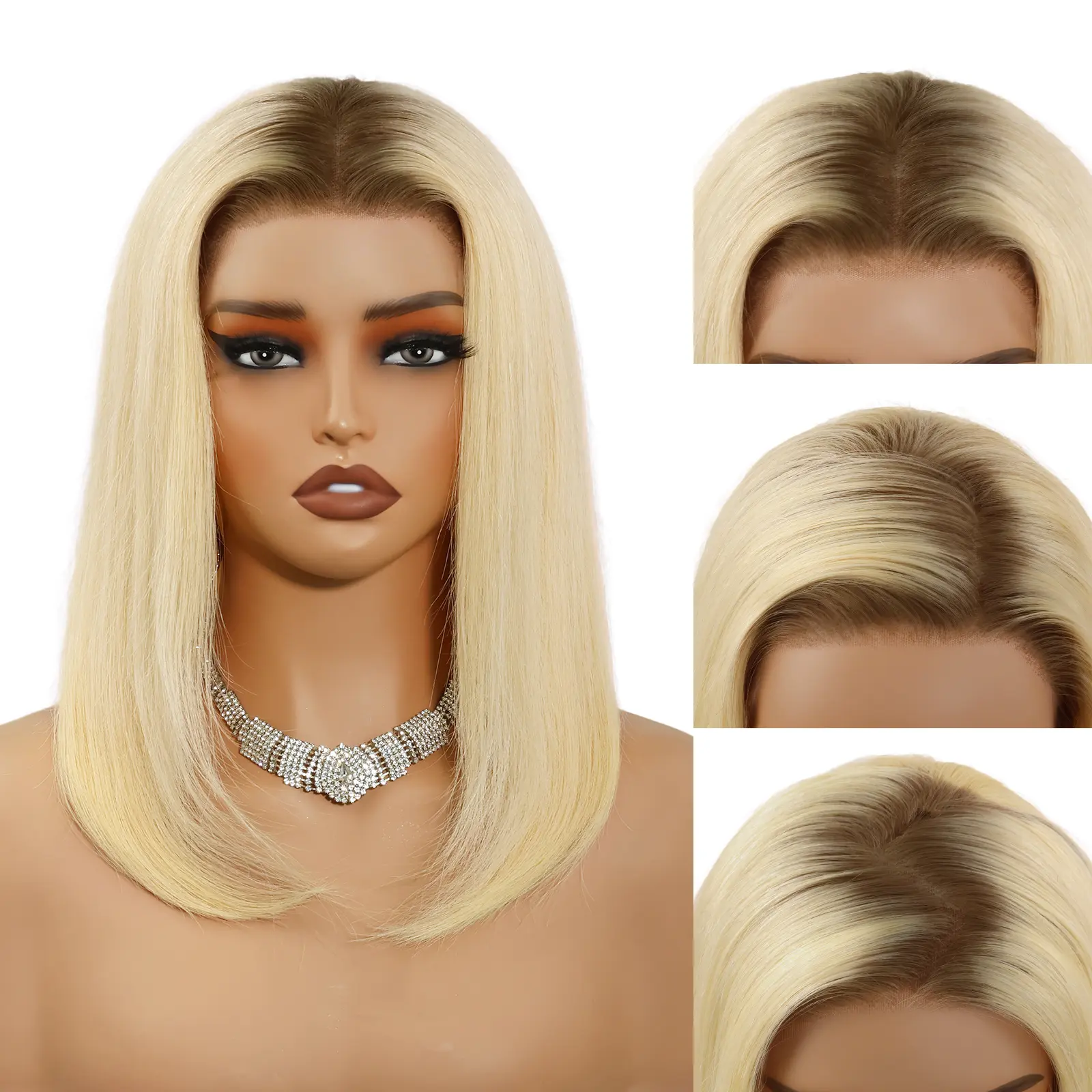 Blonde Ombré Black Root Lacefront Wig Short Bob Blonde Ombre Bob Wig with Dark Roots Brazilian Remy Human  main image 2