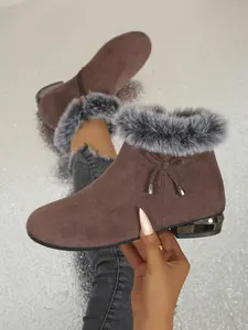 Women's Soft Fur Short Boots, Comfortable Thick Sole High Heel Ankle Boots, Side Zip Design, Lightweight Fashion Style, Trendy Look, Round Toe Boot