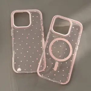 Korean Style Full Screen Pink Stars Transparent Magnetic Wireless Charging Phone Cover Case for iPhone 17 16 15 14 13 12 Pro Max