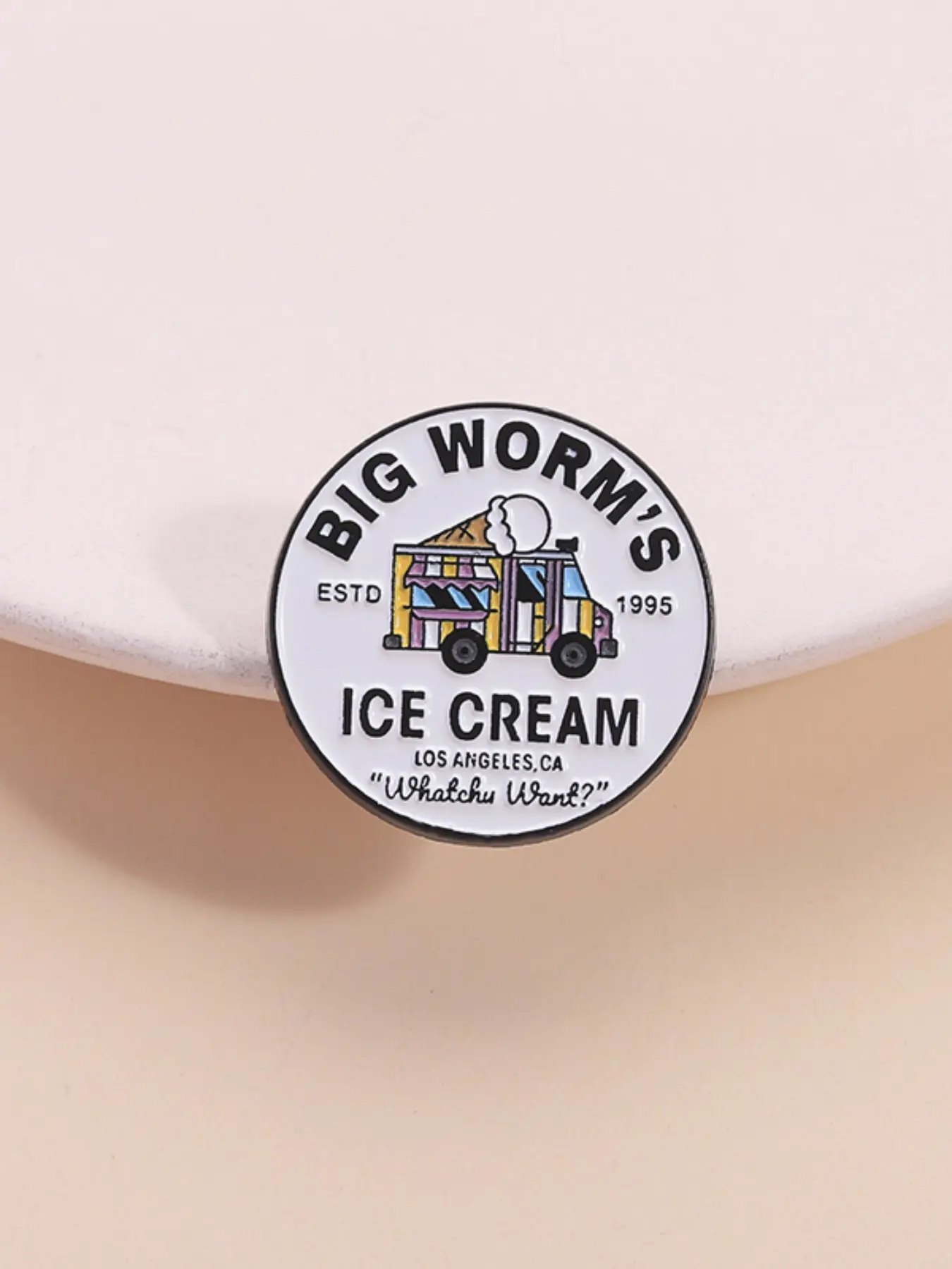 Big Worm's Ice Cream Badge, Vintage Memorabilia 90s Retro Style Circle Pin, Los Angeles Vintage Car Culture Collectible, Street Fashion Accessory, Alloy Brooch Pin, Collectible Pins