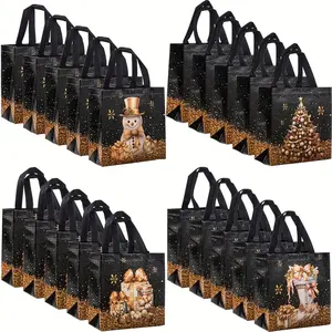 20 Festive Christmas Gift Bags, Snowman Tree Sock Designs, Gold Handles, Non-Woven Fabric, Holiday Party Supplies, Party Gift Packs, 9x8.46x4.33 Inches