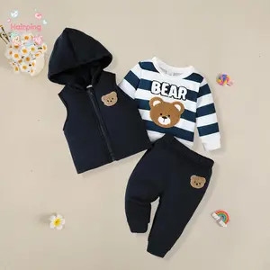 3Pcs Toddler Boy Winter Outfit Long Sleeve Crew Neck Bear Embroidery Sweatshirt Jogger Pants and Vest Coat, Fashionable Toddler Apparel, Soft, Cuddly & Perfect for Daily Wear