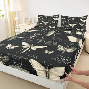Butterfly Moth Insects Fitted Sheet,Bug Beetles Entomological Bed Sheet for Kids Boys Teens Men Bedroom Decor,Nature Animal Bedding Set,Retro Black Brown Deep Pocket Sheet