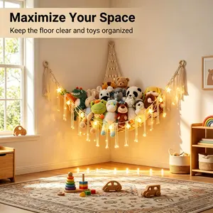 60-In Hangable Cotton Boho LED-Lit Window Hammock - Chemical Free French Country Home Organizer, Shabby Chic Hanging Accessory, Magical Aesthetic Room Decoration for Nursery Toy Storage
