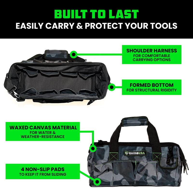 Rhino USA Heavy Duty Tool Bag Wide Mouth Tool Tote with Zipper, Large Tool Bag with Extra Side Storage Pockets, Reinforced Shoulder Strap & Metal Clips