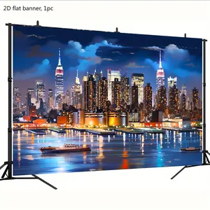 2D flat banner, 1 piece, 1 piece of New York City skyline night scene background - multi-functional polyester photography background for weddings, birthdays, etc. - available in various sizes, city lights, family travel party banner, dyz