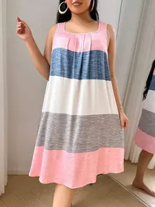 Women's Casual Loose-Fitting Striped Print Vest Dress, Comfortable Loungewear, Nightwear, Stylish Daily, Perfect for Relaxing at Home, Sleeveless Nightdress
