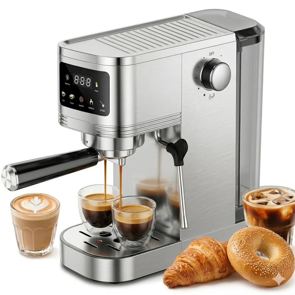 20-Bar Pressure Compact Stainless Steel Espresso Coffee Machine - Cafe Luxe Design, Touchscreen Control, Adjustable Temperature, Timer, Milk Frother, Small Footprint, At Home Espresso Maker for Beginners (Cappuccino, Latte)