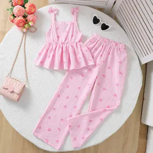 Tween Girls' Casual Outfits Striped Bow Print Ruffle Hem Cami Top & Straight Leg Pants Set 2Pcs Spring Summer Clothing From 8-12Y Pink 42511008